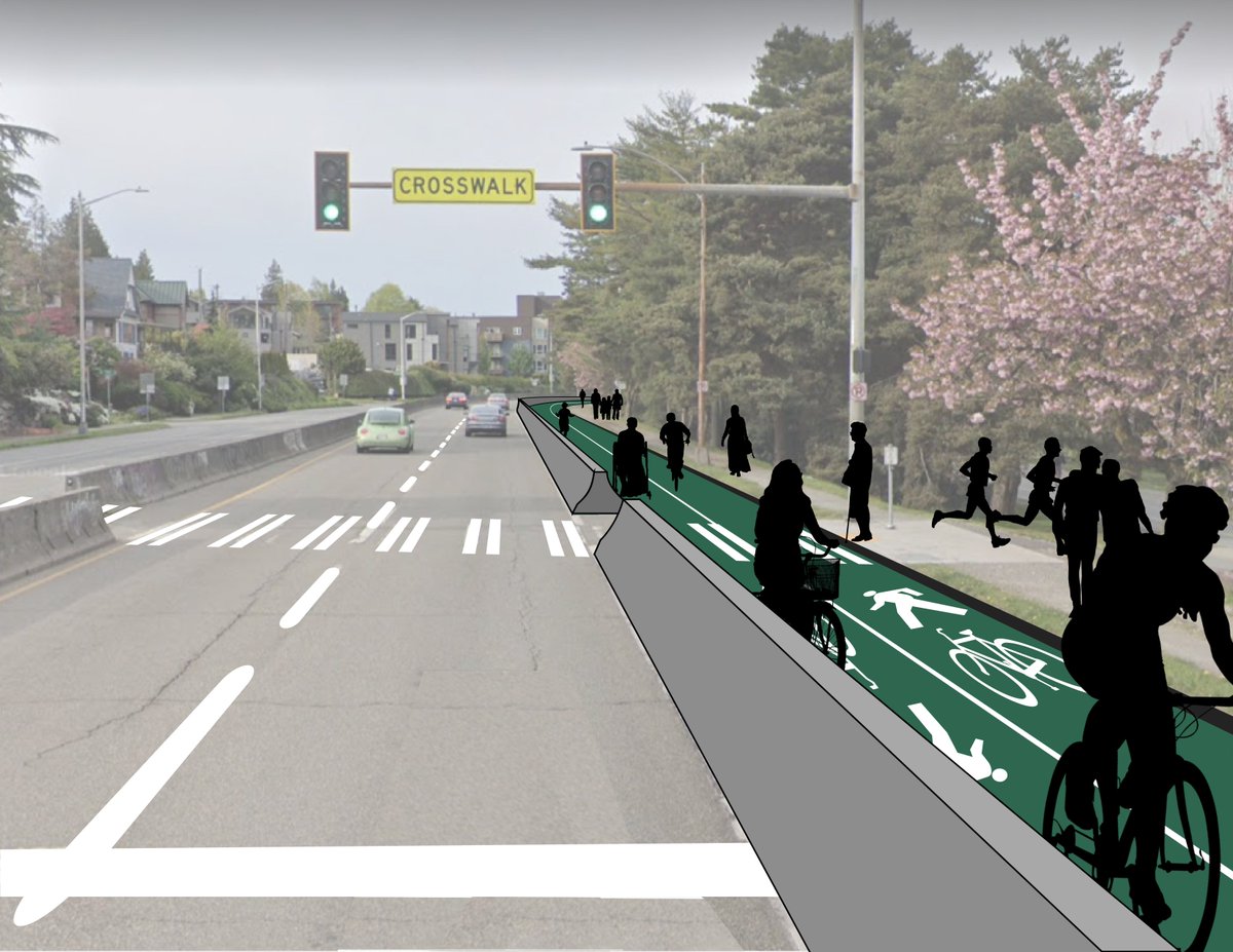 seabikeblog's tweet photo. @seattledot The plan, which @GLWstreets has been advocating for, would use a heavy jersey barrier to protect a two-way biking and walking path from highway traffic to connect the southwest and north ends of the lake. https://t.co/vi28Zl6mjj