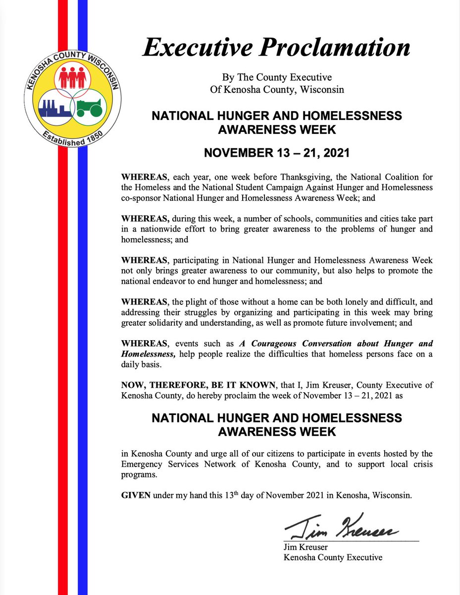 Kenosha County Executive Jim Kreuser's proclamation marking National Hunger and Homelessness Awareness Week. You can learn more about this national movement at hhweek.org. #hhweek #hhweek2021