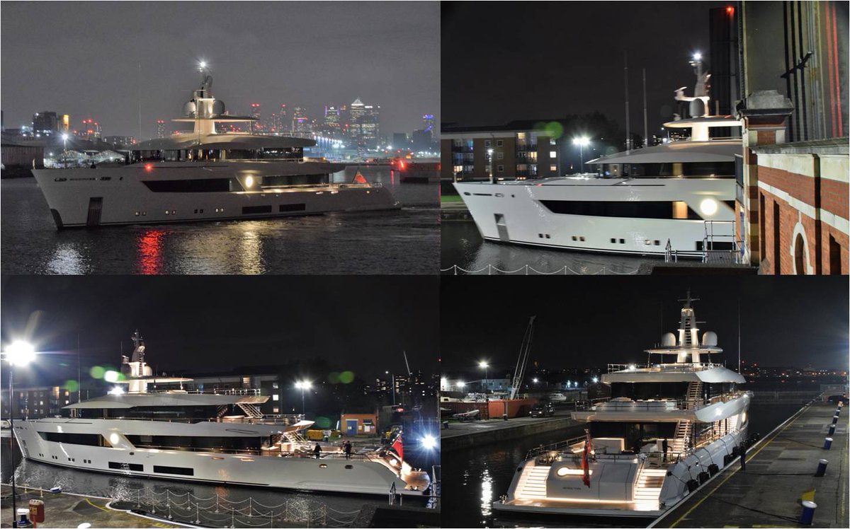 AJBC_1's tweet photo. #SuperYacht MOON SAND repositioned through the #RoyalDocks this evening to moor in the #KGVLock overnight prior to moving up the #RiverThames to moor in the Lower Pool near Tower Bridge tomorrow #dlr_blog
#LurssenYachts #LuxuryYacht #Night #AfterDark https://t.co/Lx2i5boxeX
