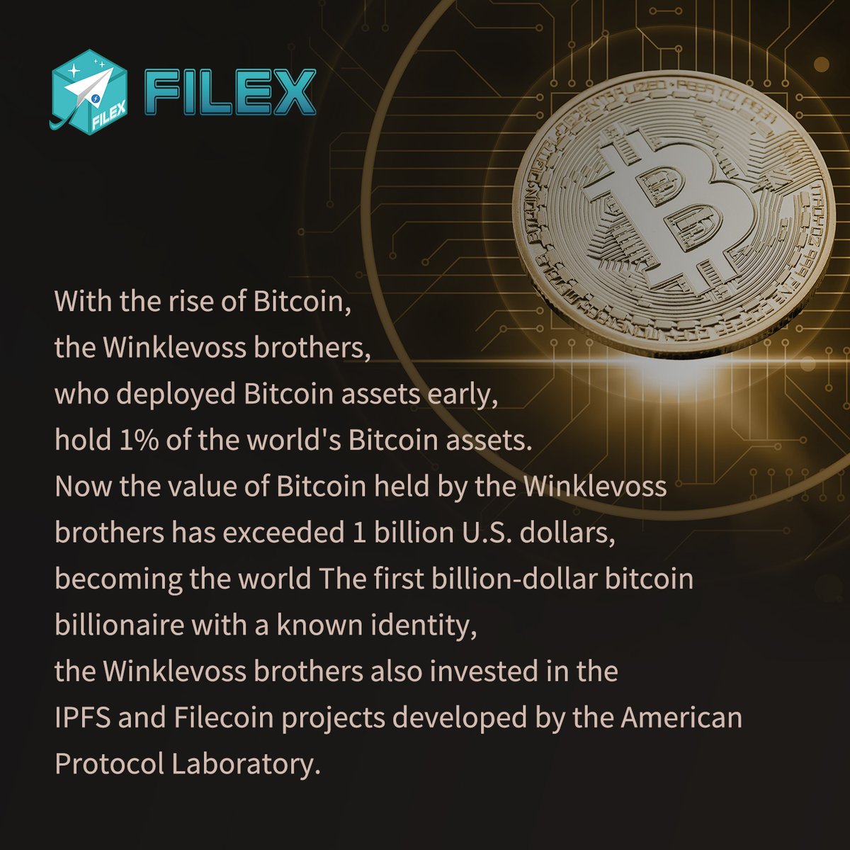 FILEX_01's tweet photo. The Win klevoss brothers own 1% of the world's Bitcoin assets. The first billion-dollar bitcoin billionaire with a known identity, they also invested in the IPFS and Filecoin projects developed by the U.S. protocol laboratory.
#filex #filfeeds #fina https://t.co/p0khkoxPFc