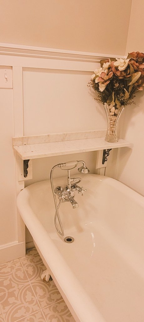matthew_t_moore's tweet image. Finally got the last peice of the bathroom remodel done!
A marble shelf above the wife's fancy tub. 
Shhhh... No one tell her the marble if from behind the urinals of an old hotel.