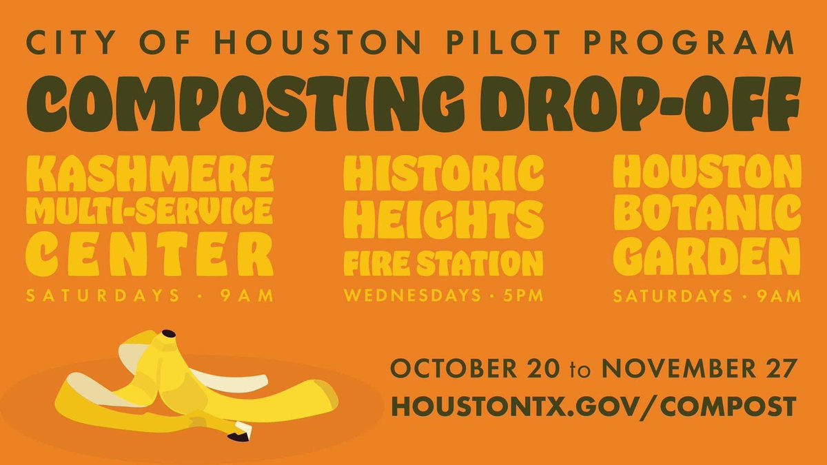 CompleteHouston's tweet photo. In honor of #HoustonClimateWeek, make sure you stop by the City of Houston’s composting drop-off pilot locations before the program ends on Saturday, November 27.♻️🗑️
#CompleteCommunitiesHOU #community #neighborhood #composting #sustainability #GreenHOU #environment
(1/4) https://t.co/GGiNia7Qiq