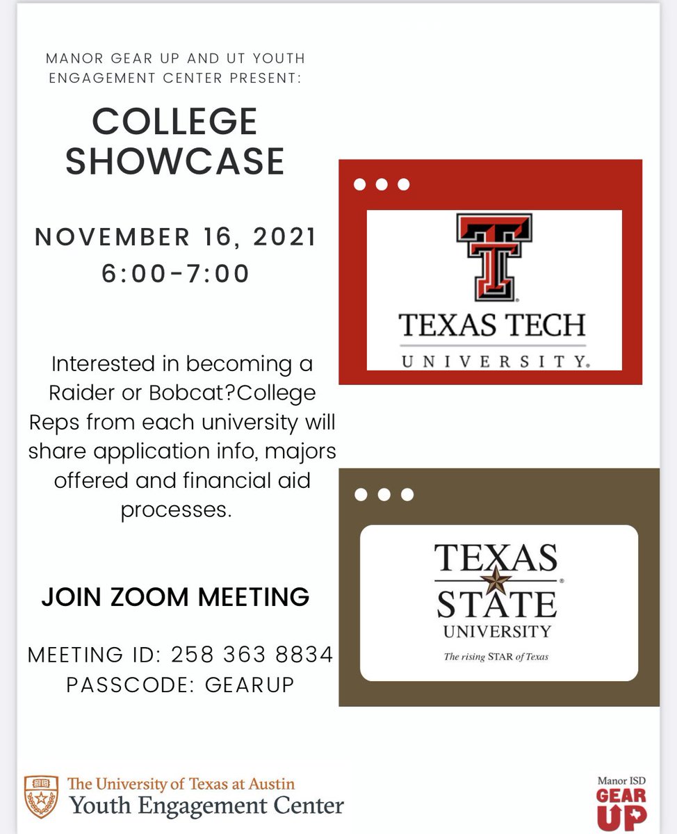 ManorGEARUP's tweet photo. Hey #GEARUPworks Scholars! Tonight hear from @txst and @TexasTech to learn about their universities and steps to get admitted! See you there!✨ https://t.co/Ibw1Ri7lSh