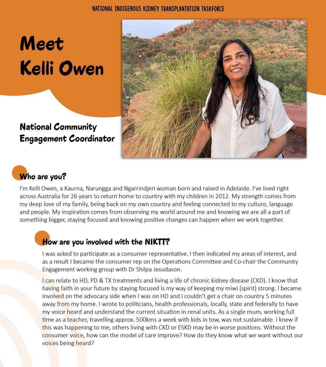 NIKTTaskforce's tweet photo. Meet the #NIKTT team:

@Keliyari13 is a proud Kaurna, Narungga &amp; Ngarrindjeri woman who leads our community engagement. 

Kelli is a fierce advocate for all things #kidneyhealth and #transplantation, travelling the country to talk to consumers and communities.

Learn more below: https://t.co/p4ctturxna