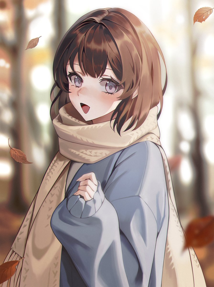 1girl scarf solo brown hair blurry blurry background looking at viewer  illustration images