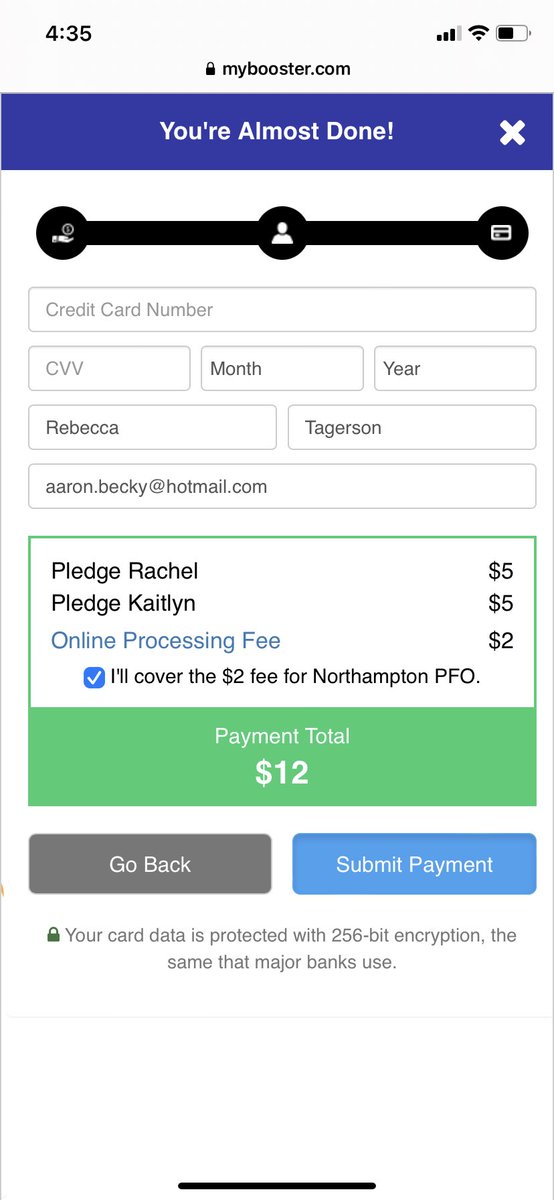 BooksCoffeeKids's tweet photo. @philmojo @aaron_tagerson Gotcha!  If I turn that off, then I’ll have to share separate links for each girl. This way the donation is split automatically. You aren’t seeing the green next button? https://t.co/x1qz5fuX2N