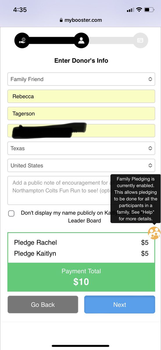 BooksCoffeeKids's tweet photo. @philmojo @aaron_tagerson Gotcha!  If I turn that off, then I’ll have to share separate links for each girl. This way the donation is split automatically. You aren’t seeing the green next button? https://t.co/x1qz5fuX2N