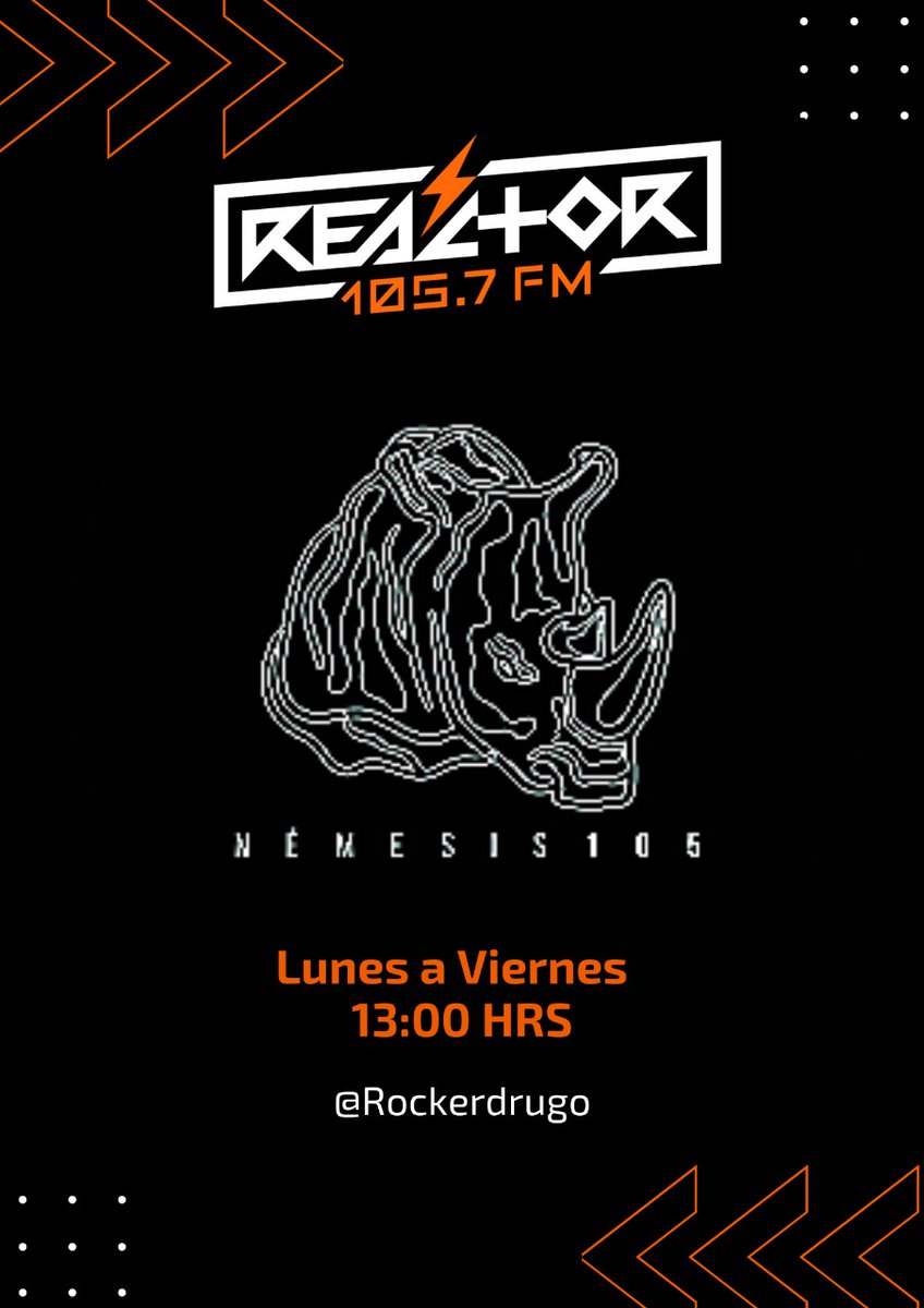 Reactor105's tweet photo. La música continúa de 13 a 14 horas con esta nueva emisión de #Nemesis105. No se pierdan a @Rockerdrugo ya que tendremos recomendaciones y una entrevista con @romesband desde Toronto 🦏🇨🇦 https://t.co/MBq9IDGU23