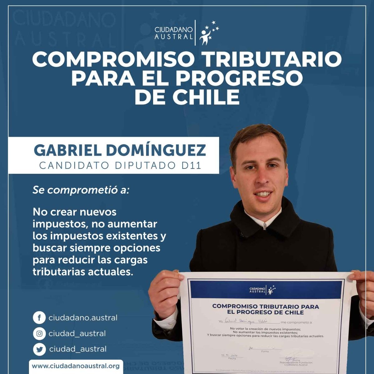 ciudad_austral's tweet photo. El siguiente candidato a diputado en firmar el 𝐂𝐨𝐦𝐩𝐫𝐨𝐦𝐢𝐬𝐨 𝐓𝐫𝐢𝐛𝐮𝐭𝐚𝐫𝐢𝐨 𝐩𝐚𝐫𝐚 𝐞𝐥 𝐏𝐫𝐨𝐠𝐫𝐞𝐬𝐨 𝐝𝐞 𝐂𝐡𝐢𝐥𝐞 de Ciudadano Austral, en el distrito 11 es @josegabrieldom

Invitamos a los demás candidatos a firmar el #CompromisoTributario https://t.co/ex20H9lXyR