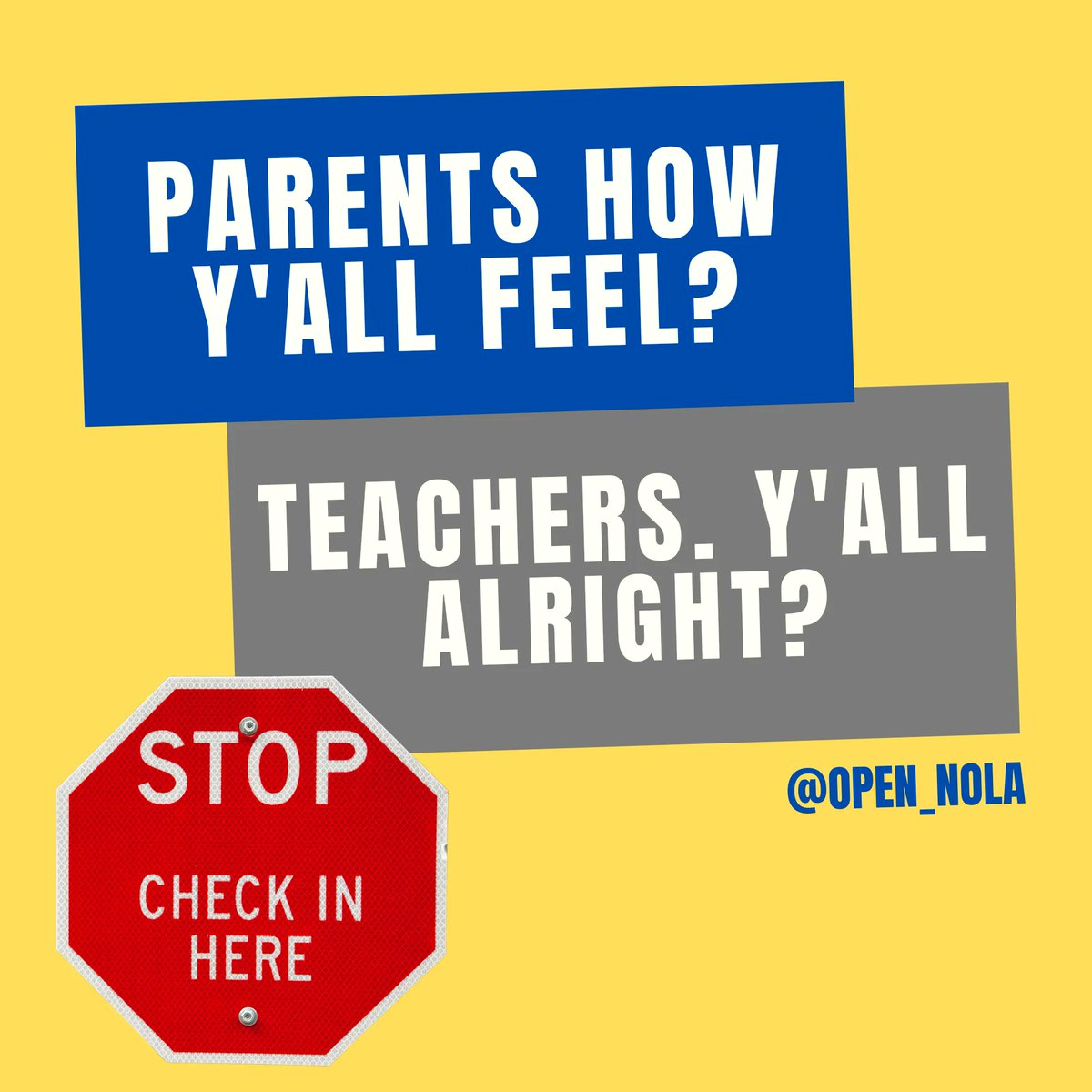 Community check-in. How are y'all doing out there?

We know these last few seasons have been a lot to digest.  Are you feeling heard, protected and cared for?

#parents #educators #publicschool #NewOrleans #EdChat #OpenNola