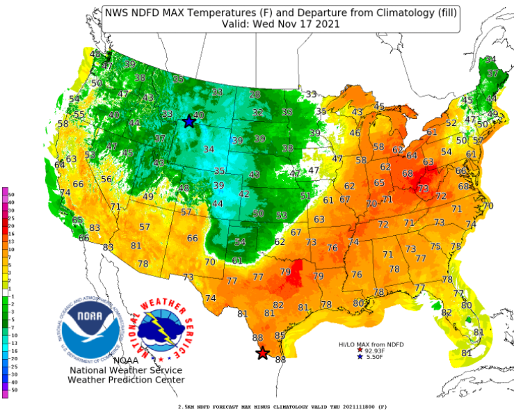Here's a look at #forecast high #temperatures for #Wednesday, November 17. Ahead of a strong cold front pushing east and south through the Central U.S., above normal highs are likely from the Great Lakes, Ohio Valley and Mid-Atlantic to the Lower Mississippi Valley and Texas.