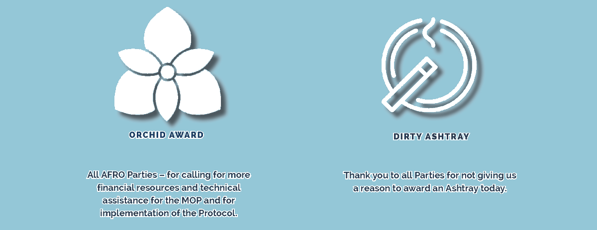 GATC_int's tweet photo. Welcome to Day 3 of #MOP2.

Who received the Orchid &amp; Dirty Ashtray awards from Day 2?  Recipients are listed in the photo.

Read the Bulletin here: https://t.co/w5bMXFPbeQ

#ProtocolFightsIllicitTobaccoTrade
#ProtocolFightsCrime
#MOP2news https://t.co/9Zz3PBiCzc