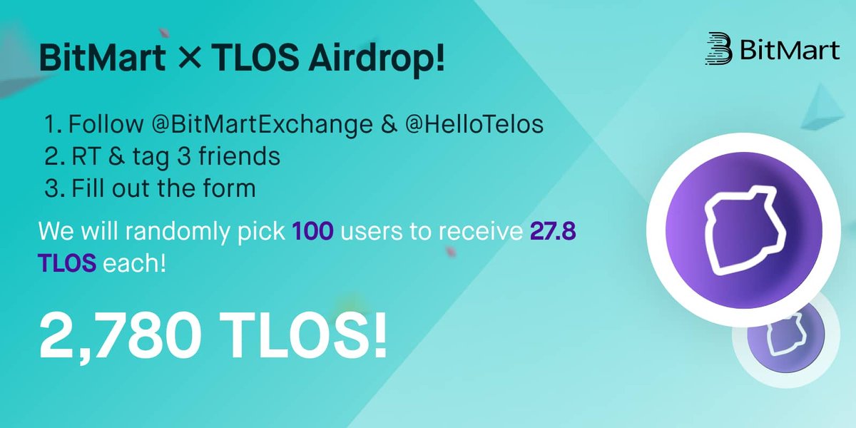 To celebrate ＠HelloTelos listing, we’re giving away 2,780 TLOS ! 1️⃣Follow <a href="/BitMartExchange/">BitMart</a> &amp; ＠HelloTelos 2️⃣RT and tag 3 friends 3️⃣Fill out: forms.gle/BUM7uhRGsFVkLT… 

100 lucky winners receive 27.8 TLOS each! 

 ⏰ End on 10:00 AM EST DEC 2