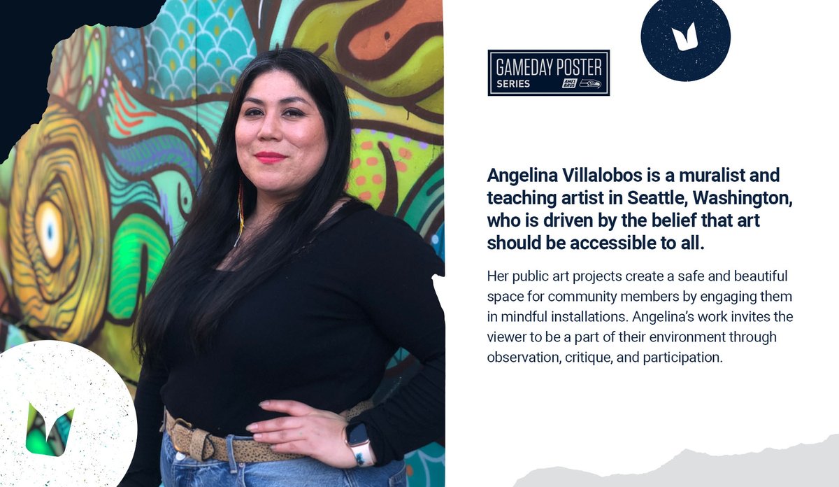 Seahawks's tweet photo. Our #AZvsSEA gameday poster was designed by @179s, who was also the artist behind our shipping container mural at Lumen Field! 

Inspired by her Native American roots, @179s is working towards accessible art for all and engaging community members in mindful art installations. https://t.co/sOMUwLysLo