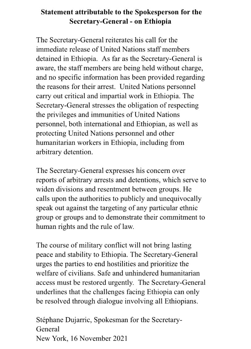 amandaruthprice's tweet photo. UN chief “reiterates his call for the immediate release of United Nations staff members detained in #Ethiopia,” per @UN_Spokesperson Stephane Dujarric. “As far as the Secretary-General is aware,” staff are being held without charge; no specific info given re: reasons for arrests. https://t.co/NYPAhE87UM
