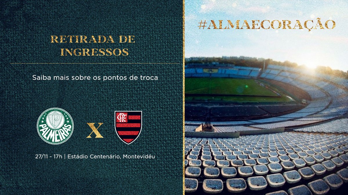 Palmeiras's tweet photo. Alô, #FamíliaPalmeiras! 🇺🇾
Se você garantiu a sua entrada para a final da #Libertadores, você já pode retirar o seu ingresso para a decisão! Veja os pontos de troca aqui ��� https://t.co/MH6I3cHtoL 

#AvantiPalestra 
#AlmaECoração https://t.co/9spjef4Gv4