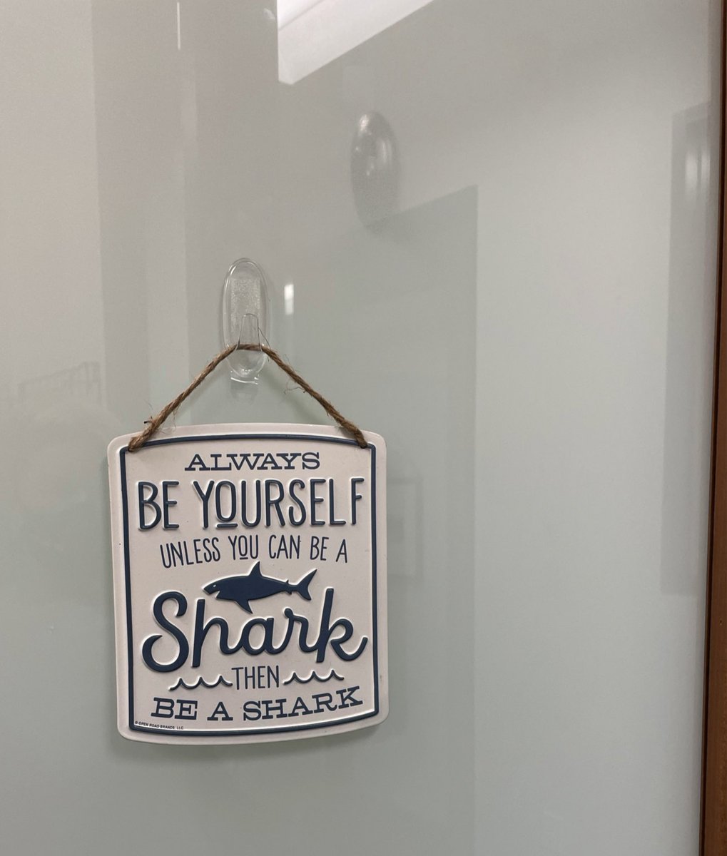 ACHDnurse's tweet photo. Sign for my new office door. So happy to move up from cubicle to office…but still sharky. Quality ROCKS!!#ifyouresharkyandyaknowit #sharkRN #personalitytest #likeitsabadthing #cardiology #CVquality https://t.co/95il4PIOOz