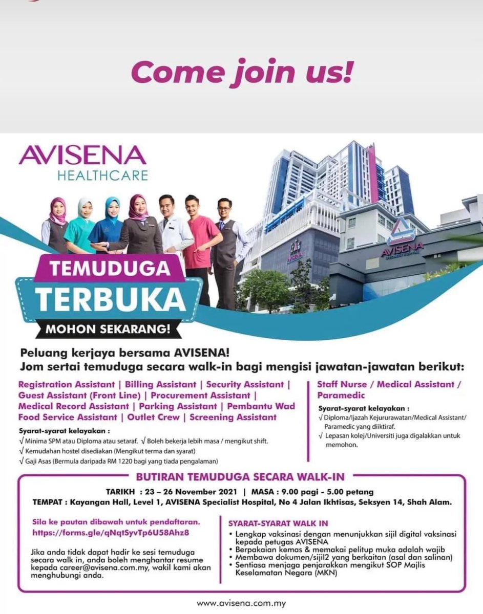 Talentbank2020's tweet photo. Jom sertai temuduga secara ‘walk-in’ pada 23-26 November, jam 9.00pagi hingga 5.00 petang di Avisena Specialist Hospital Shah Alam. https://t.co/Y2cHVhR8xO