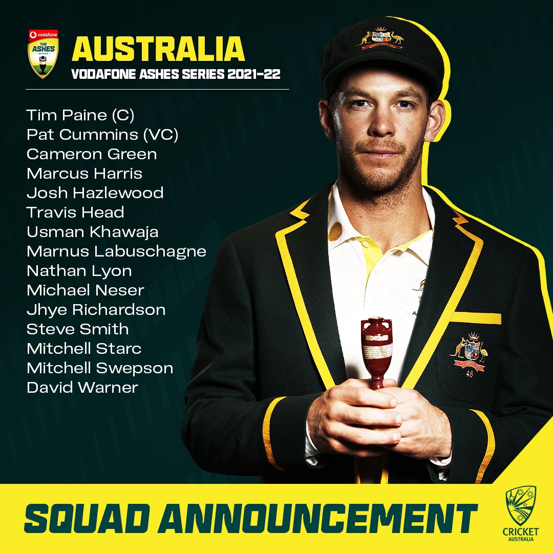 CricketAus's tweet photo. The National Selection Panel has named a 15-player squad for the first two matches of the Vodafone Men's #Ashes Series against England!
Tickets: https://t.co/yhYqPqaGFD https://t.co/rDynzKb7rW
