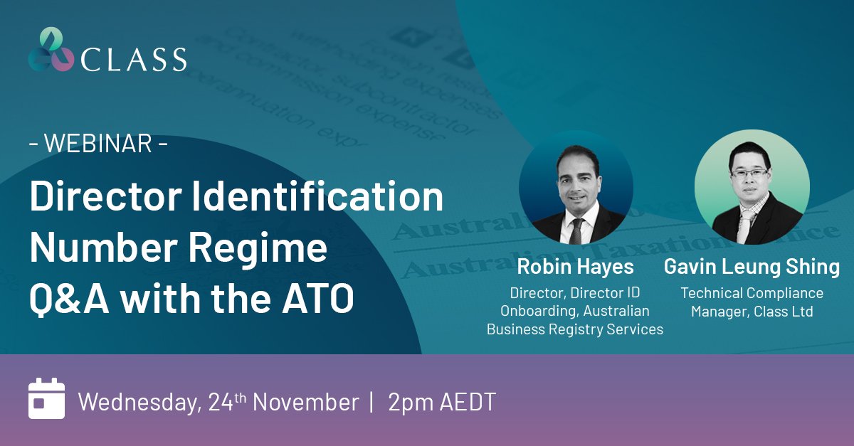 Join us for a webinar with the ATO on the Director ID Regime co-hosted by Robin Hayes, Director, Director ID Onboarding, Australian Business Registry Services.

Register here: bit.ly/3njqJtt

When: Wednesday 24th November, 2pm AEDT