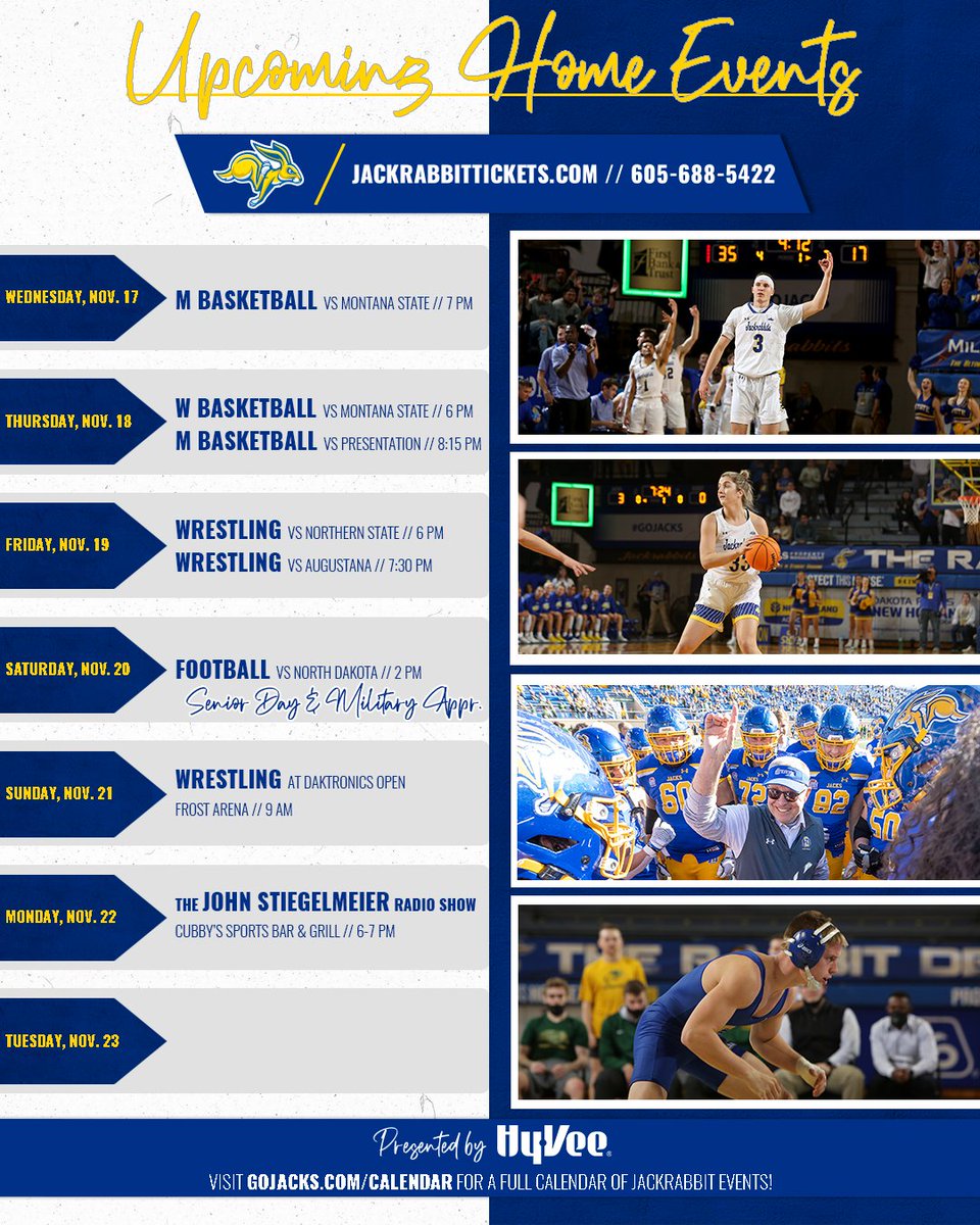 GoJacksSDSU's tweet photo. #UpcomingHomeEvents 👇 

It's a big week in Brookings, SD for Jackrabbit Athletics! @GoJacksMBB, @GoJacksWBB, &amp; @GoJacksFB all return home, while @GoJacksWrestle hosts their first two events of the year! 🥳

⭐ » @HyVee

#GoJacks 🐰 https://t.co/la7gt7Smc2