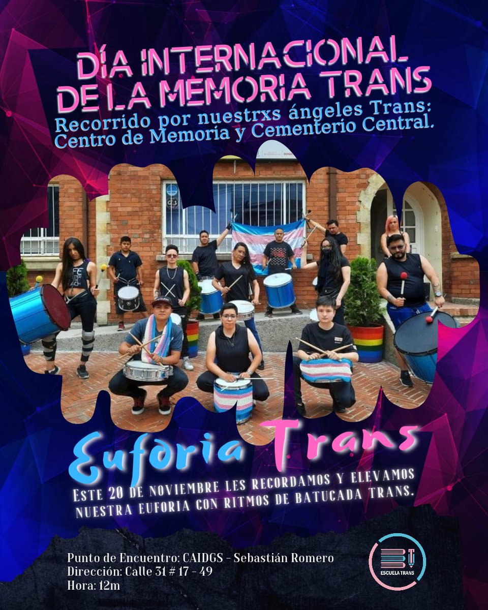 EscuelaTrans's tweet photo. En el día internacional de la Memoria Trans, elevamos nuestra Euforia con ritmos de batucada Trans, en un recorrido que iniciará en el CAIDGS Sebastian Romero al mediodía. ¡Acompáñanos!
#memoriatrans #trans #escuelatrans #lbgt #batucadatrans #euforiatrans https://t.co/dK6SaPqCVi