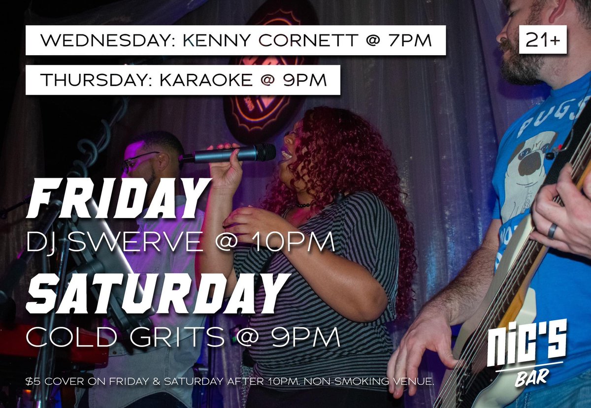 NicsBarLA's tweet photo. This weekend is our Weekend Bender, so come on Friday to turn up with @DjSwerve_ and you don't have to pay a cover for Cold Grits on Saturday and instead get a FREE lemon drop shot! Just keep your ticket and enjoy the show. We'll see you all weekend long!

https://t.co/34VEyD4Cmx https://t.co/sLIOqujVdi