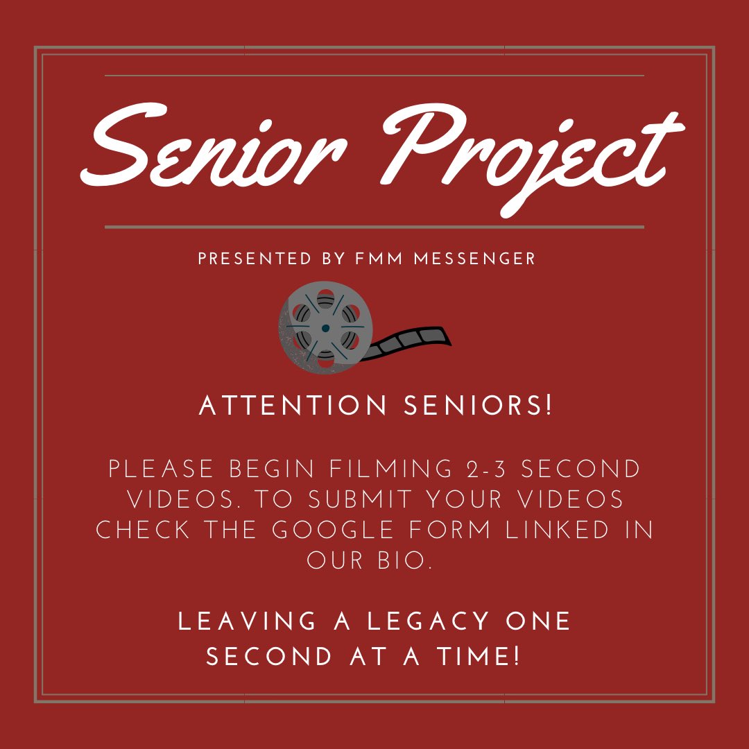 FMMmessenger's tweet photo. The McGivney Messenger team is proud to introduce to you, the Senior Project! All grade 12 students are encouraged to send in short video clips throughout the year, which will be compiled into a video diary. Stay tuned for more information! @FMMtweets https://t.co/rmUzW4FiXo