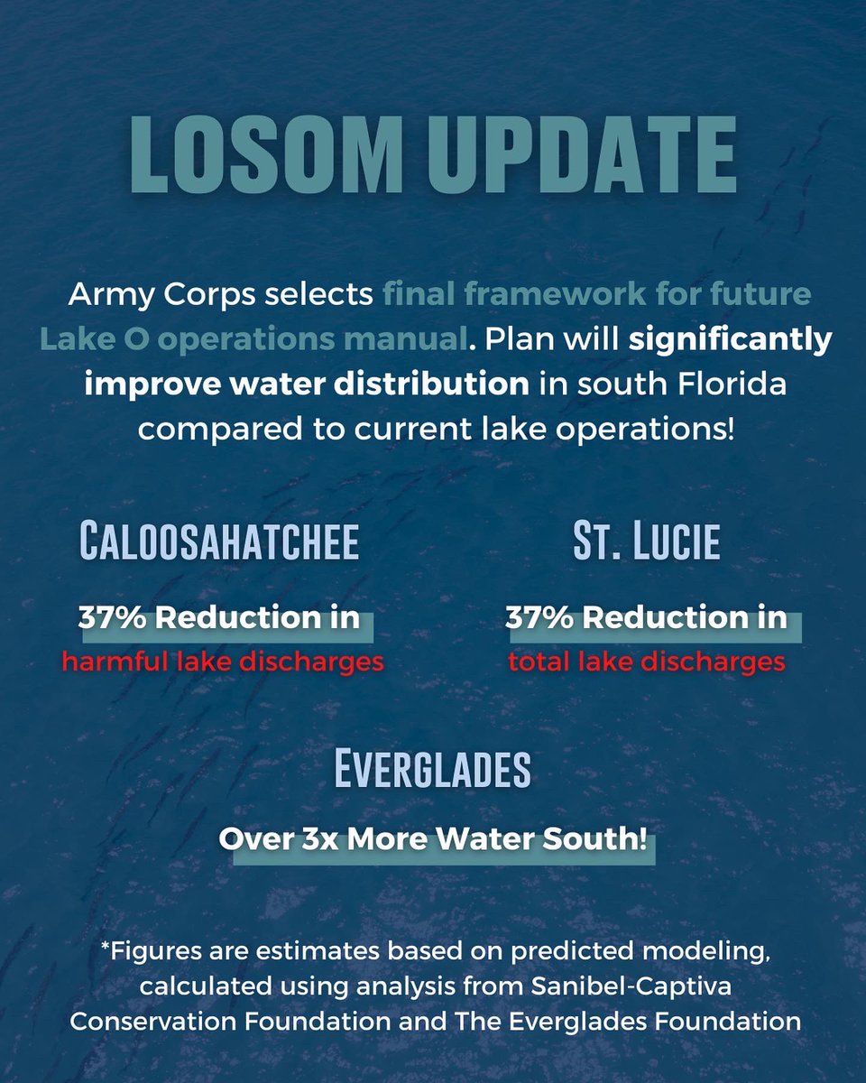 Capt4CleanWater's tweet photo. The Army Corps has selected a final framework for the future Lake O operations manual #LOSOM The model run they've selected will significantly improve water distribution in south Florida compared to current lake operations! https://t.co/cNFy2Hi1ME