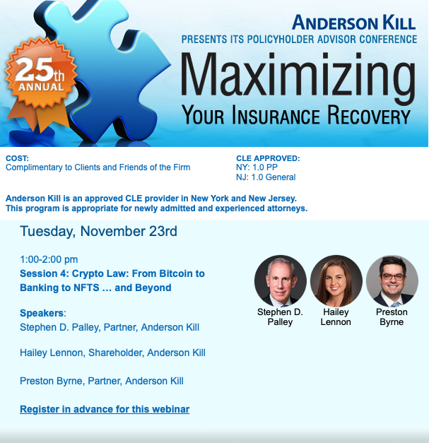 HaileyLennonBTC's tweet photo. Want to hear me, @stephendpalley and @prestonjbyrne talk about Crypto Law: From Bitcoin to Banking to NFTS … and Beyond?

RSVP for this free webinar next Tuesday November 23rd put on by our law firm @AndersonKillLaw 

https://t.co/94yqq50ggO https://t.co/0Rc5jUyjfm