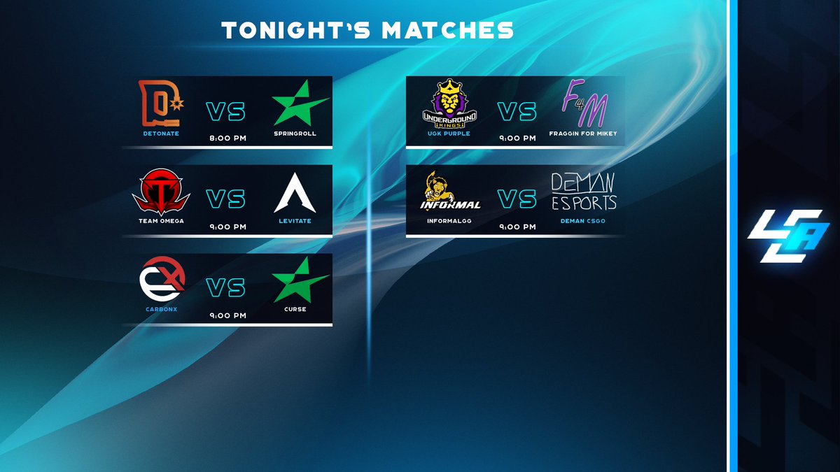 LCABroadcasting's tweet image. Tonight's matches covered by LCA! 🚨

⚔️ @ggDetonate vs #Springroll
🎙️ @BignTallMatt 

⚔️ @TeamOmegaGames vs @LevitateESP 
🎙️ @AngelOfBattle07 

⚔️ @UGKEsports vs #FragginForMikey
🎙️ @AllinGaming23 

⚔️ @Informal_GG vs #DemanCSGO
🎙️ @Deprivee_ 

1/2
