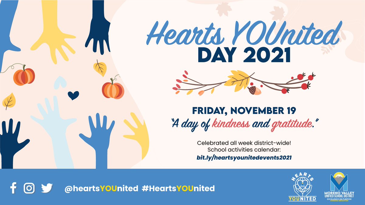 One of our favorite times of the year is almost here. 💙🙏🍂 MVUSD will be celebrating its 3rd annual #HeartsYOUnited Day – A day of kindness &amp; gratitude. Check out the school activities calendar at bit.ly/heartsyounited…