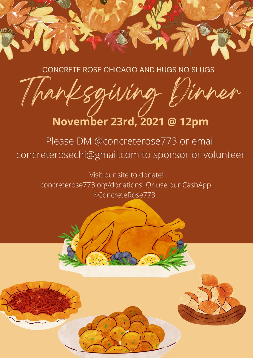 This holiday season we will be partnering with Hugs No Slugs in order to serve our community! Please join Concrete Rose Chicago x Hugs No Slugs in packaging and delivering Thanksgiving meals to individuals without housing on November 23rd, 2021. 🧡