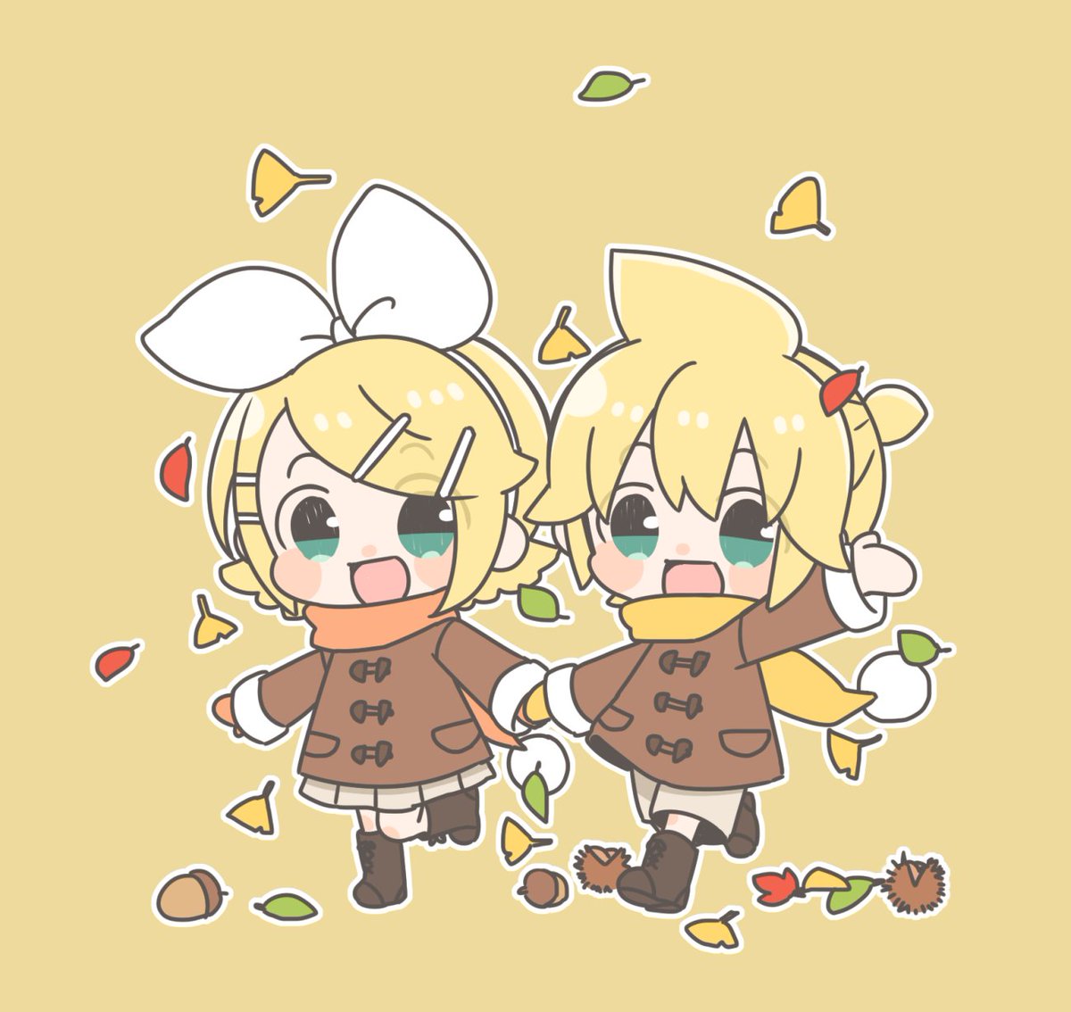 kagamine len ,kagamine rin 1girl scarf blonde hair 1boy leaf chibi coat  illustration images