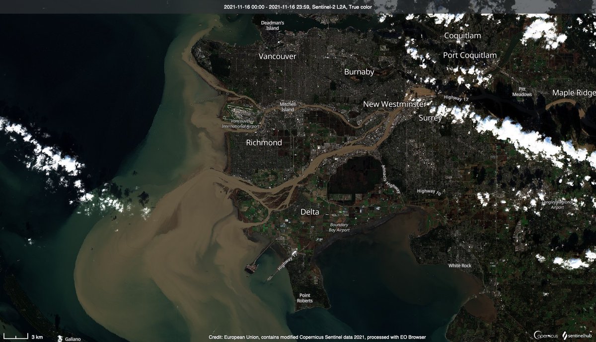 High resolution satellite imagery of Vancouver, BC today!

The Fraser River is normally pretty turbid, but that's a lot of sediment being deposited into the Strait of Georgia today. #yvr #bcstorm #bcfloods