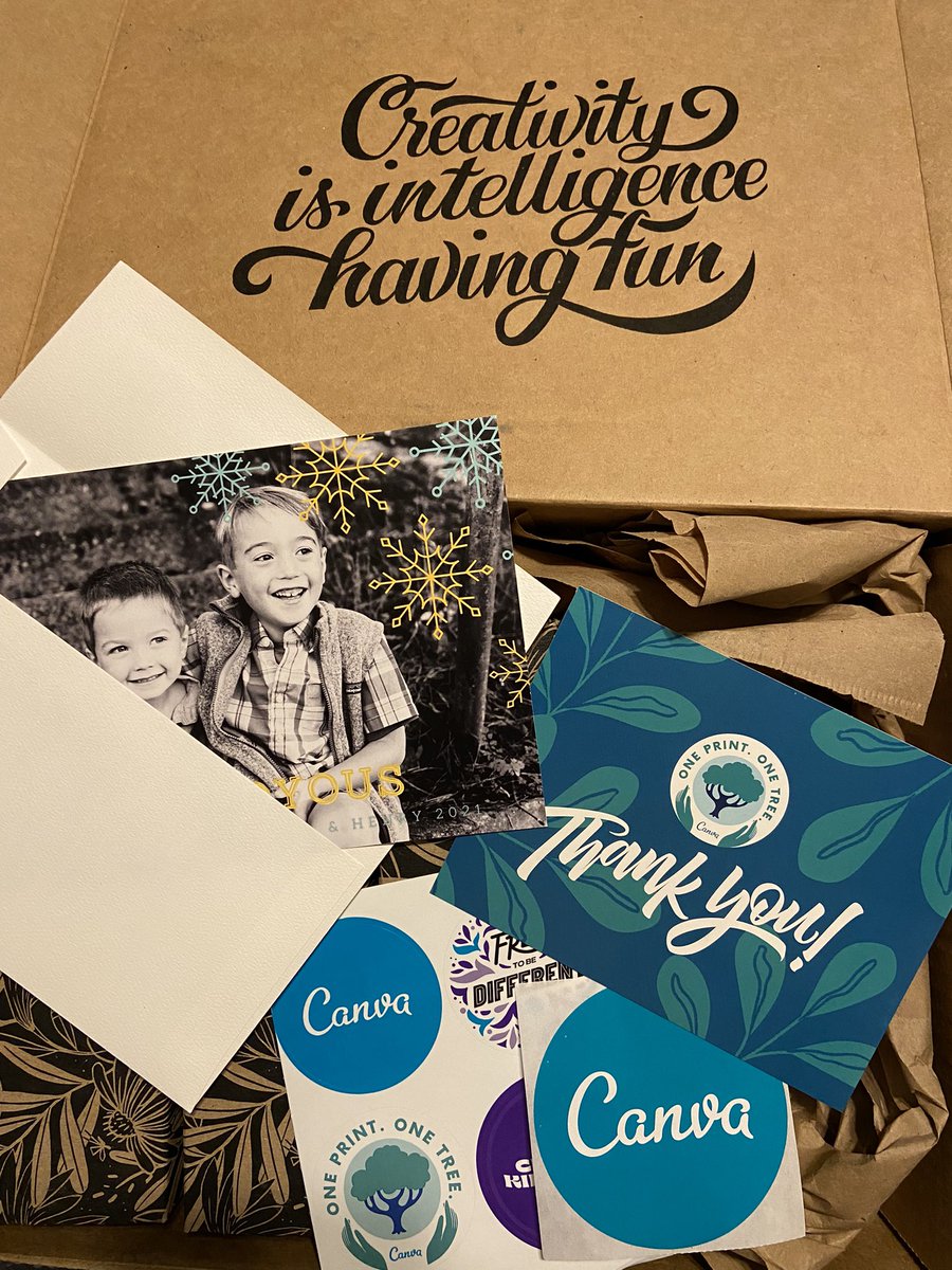 ABCmrs's tweet photo. Ordered our Christmas cards from @canva for the first time this year, and I am so happy with them! Easy designing, crisp, clear printing, lovely envelopes, &amp; way less $$ than any other cards I looked at purchasing. Pretty packaging &amp; Canva planted a tree for my #canvaprint order! https://t.co/Xw0Nb00dKW