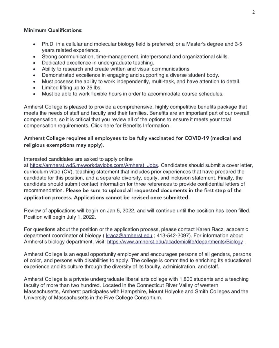 Please spread the word! Amherst's Bio Dept is searching for Bio Lab Coordinator/Instructor for our intro cell/molecular course! We are looking for someone who is passionate about equity &amp; inclusion in STEM and cares &amp; thinks deeply about STEM teaching &amp; learning! Could be you?!