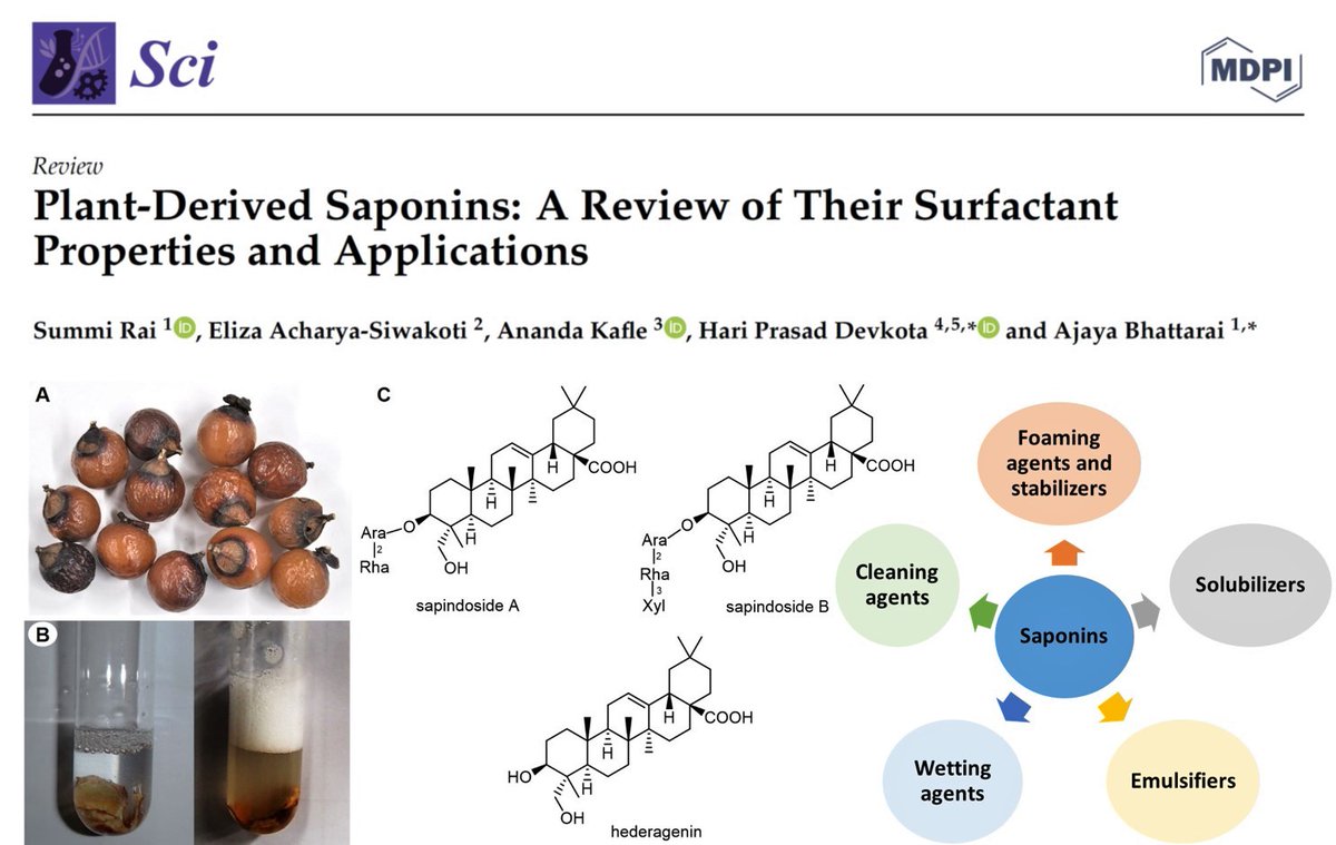 Devkota_HP's tweet photo. Plant-Derived Saponins: A Review of Their Surfactant Properties and Applications
Sci 2021, 3(4), 44.
https://t.co/46aTDKCeiK
#INPST #soapnut #sapindusmukorossi #saponins #surfactants #NPMND https://t.co/sL8QLDLAIH