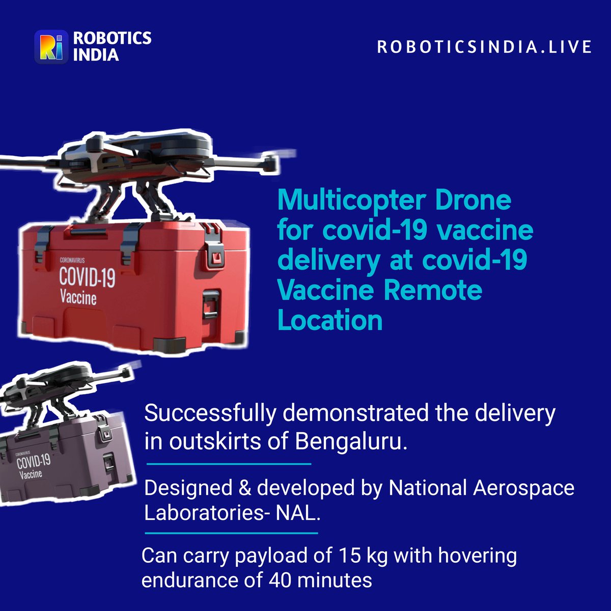 robotics4india's tweet photo. Multicopter Drone for covid-19 vaccine delivery at covid-19 Vaccine Remote Location.

#drones #drone #technews #technology #dronepilots #roboticsindia #robotics #robots #indianroboticscommunity #indianrobots #engineering #engineer #indogenius #multicopter #vaccinedelivery https://t.co/bftb1wVYZD