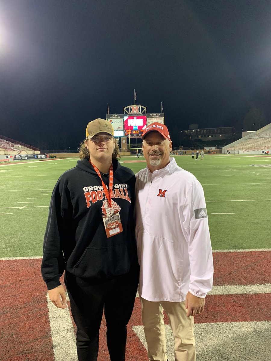 AidanDuerig's tweet photo. Thank you so much to @MiamiOHFootball for having me and my brother at the game. Great Win tonight to become bowl eligible! Thank you @Coachjpatton for the hospitality! #RedhawksFB @RedHawksRecruit https://t.co/XZwn9wfftF