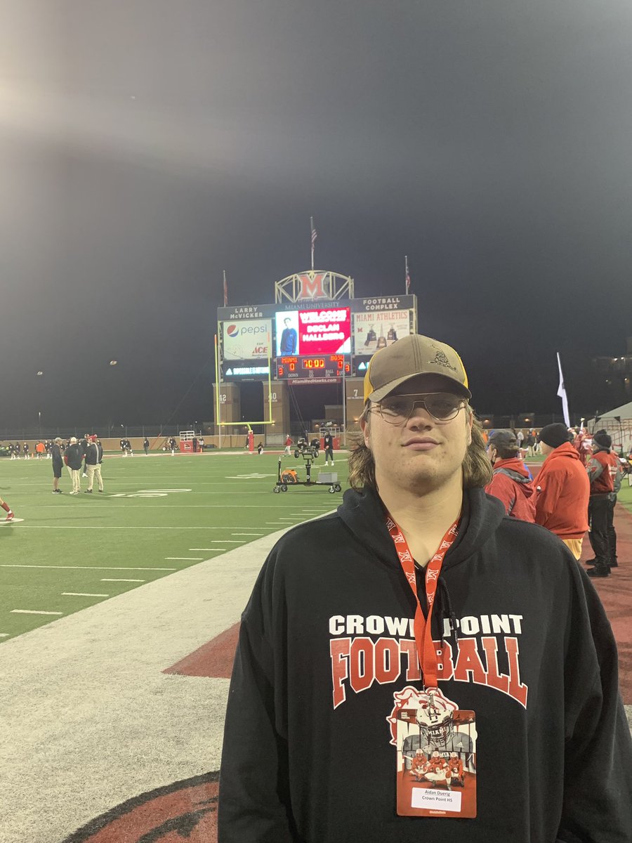 AidanDuerig's tweet photo. Thank you so much to @MiamiOHFootball for having me and my brother at the game. Great Win tonight to become bowl eligible! Thank you @Coachjpatton for the hospitality! #RedhawksFB @RedHawksRecruit https://t.co/XZwn9wfftF