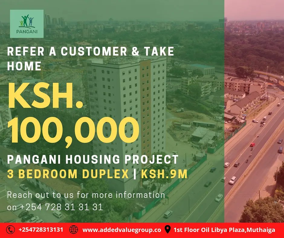 AddedValueGRP's tweet photo. Hefty referral commission with festivities coming up, right?π
Kazi kwako.
Call us for more info on +254 728 31 31 31.
#addedvaluegroup #MpangoniPango #duplexforsale #apartmentsforsale #realestate #propertyinvestment https://t.co/Fw4dImmLyk
