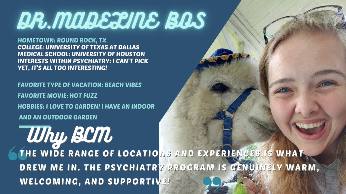 BCMPsychRes's tweet image. #InternIntros continue and we're particularly fleeced 🦙to introduce you all to a wool-y cool intern, Dr. Maddy Bos! #sorryalpacabagnow  #headingtoalpacapulco 🏖

#psychtwitter #PsychiatryResidency #BCM