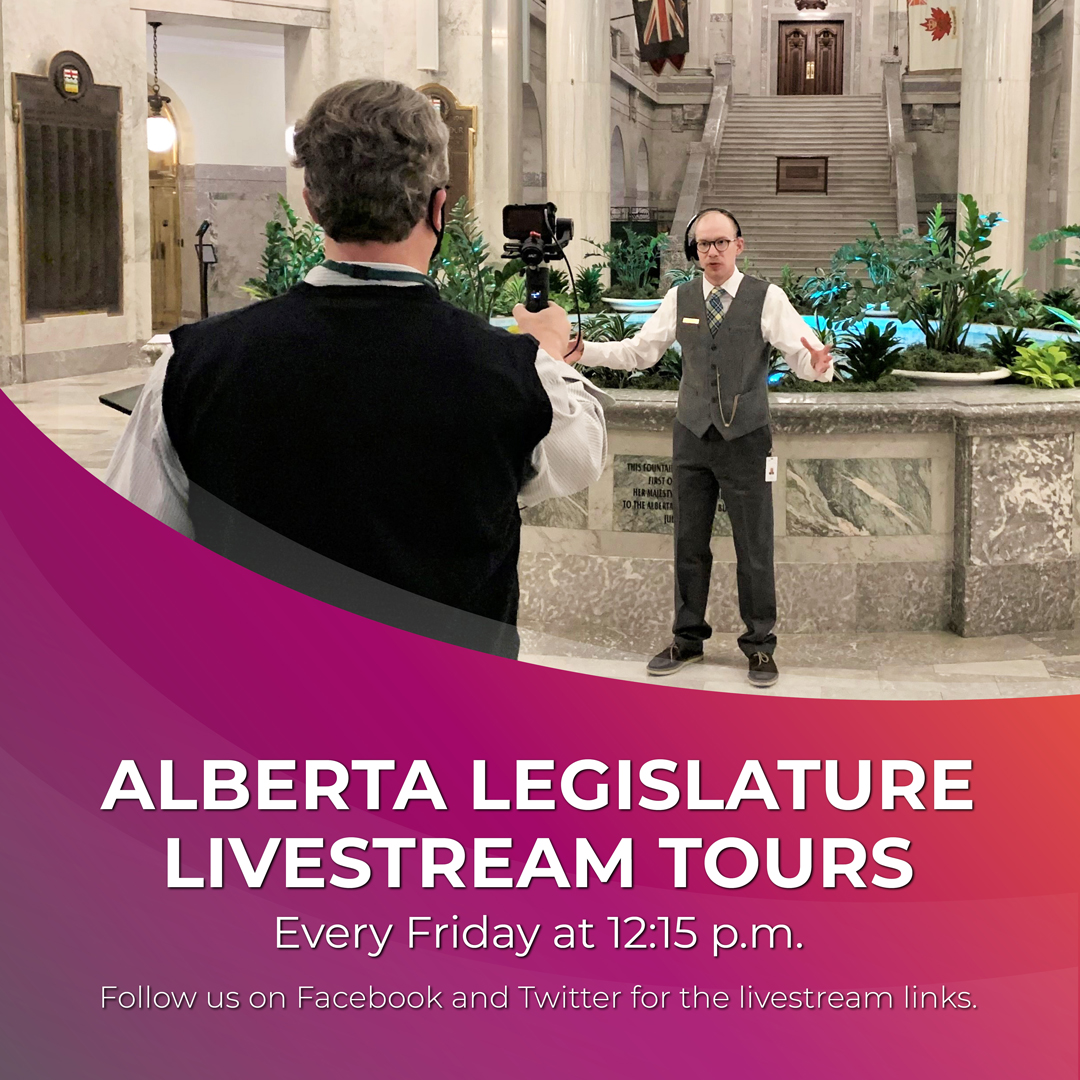 The inaugural livestream tour of the Alberta Legislature Building starts at 12:15 p.m.! Viewers can interact with Tour Guides by asking questions through the Q&amp;A feature. No registration required.

Livestream link: bit.ly/3bBXGdZ