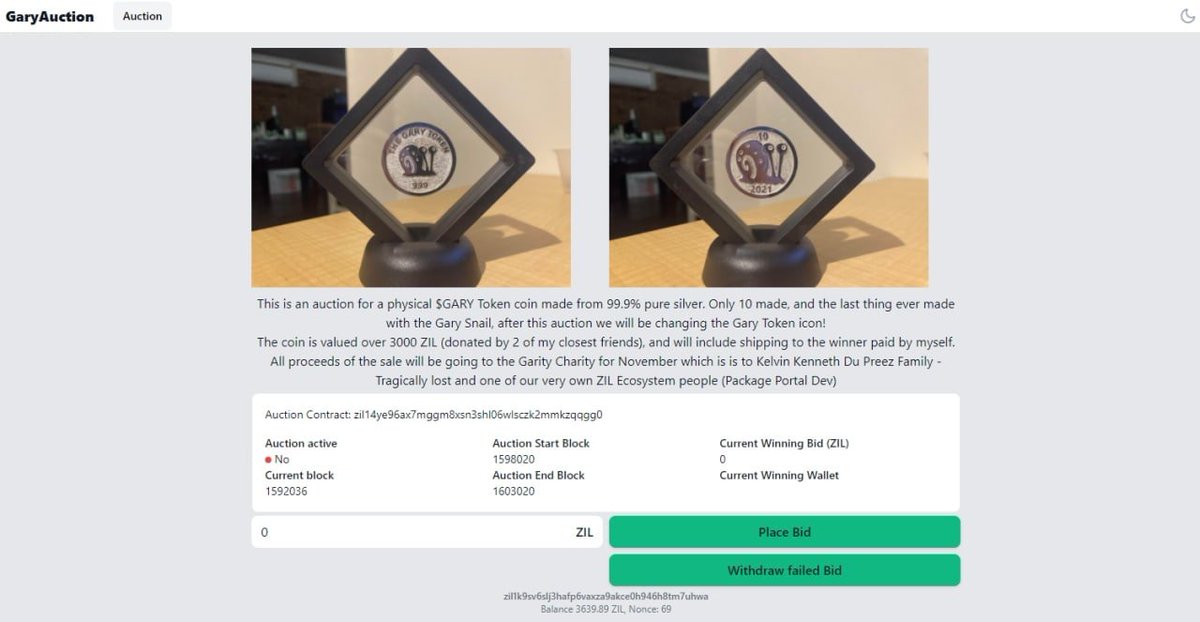 TheGARYToken's tweet photo. History to be auctioned off - see https://t.co/8g2zUXGXIr

The auction is for a physical $GARY token, made from pure silver (99.9%).  

Proceeds to Kelvin Kenneth Du Preez Family - Tragically lost and one of our very own ZIL Ecosystem people (@PackagePortal) #Zilliqa $ZIL (1/3) https://t.co/HMPAUV61PO