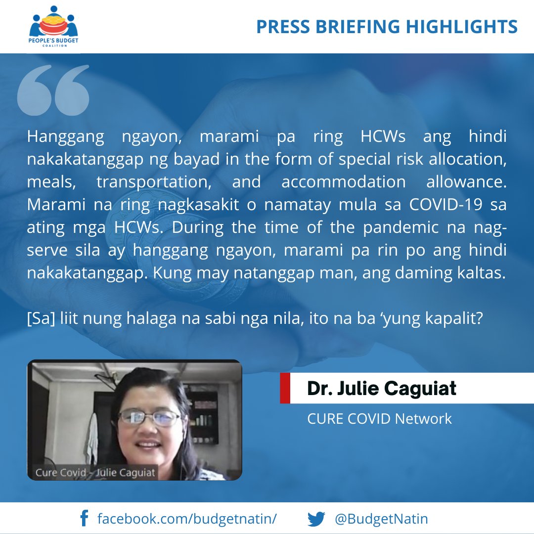 BudgetNatin's tweet photo. [Press Briefing Highlights]

Last Nov. 9, @BudgetNatin held the virtual press briefing via FB Live.

PAKINGGAN ang pahayag ng sektor ng kalusugan ukol sa 2022 national budget mula kay 𝗗𝗿. 𝗝𝘂𝗹𝗶𝗲 𝗖𝗮𝗴𝘂𝗶𝗮𝘁 ng @curecovidph 

#PBCBudgetNatin https://t.co/ZcxOnH0dmh