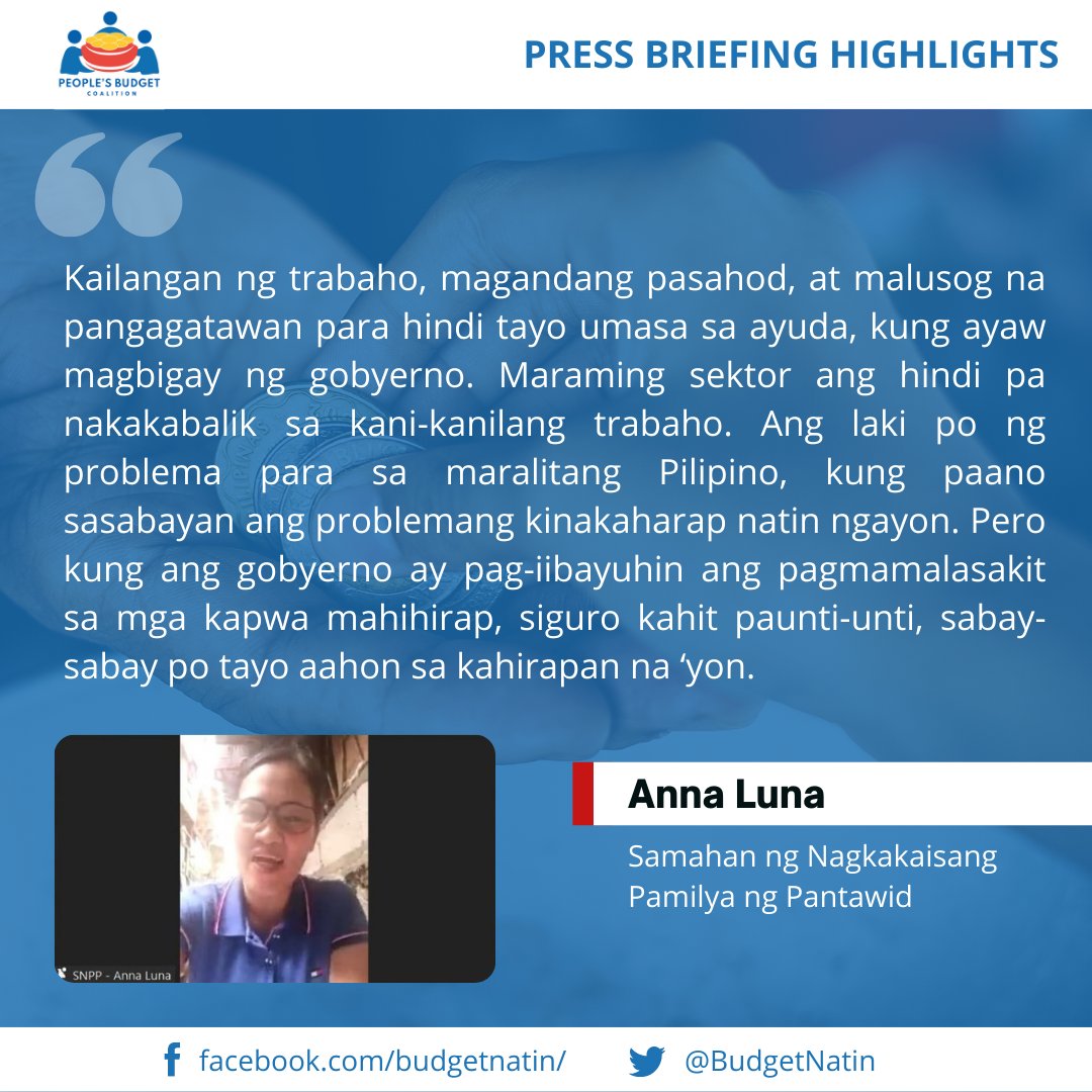 BudgetNatin's tweet photo. [Press Briefing Highlights]

Last Nov. 9, @BudgetNatin held the virtual press briefing via FB Live.

PAKINGGAN ang pahayag ng sektor ng pamilyang Pilipino ukol sa 2022 national budget mula kay 𝗔𝗻𝗻𝗮 𝗟𝘂𝗻𝗮 ng @SNPPPH

#PBCBudgetNatin https://t.co/kkEPFxdjoA