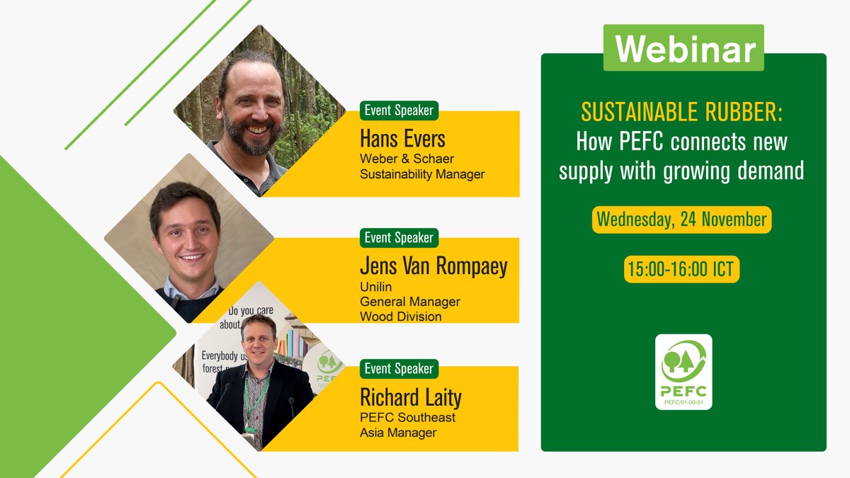 The #sustainablerubber industry is on the rise and #PEFCisHere to host our 3rd webinar in the #SSR campaign. We’re bringing together new supplies with growing demand, and convening speakers who have already made the certification leap! 

treee.es/rubberconnects…