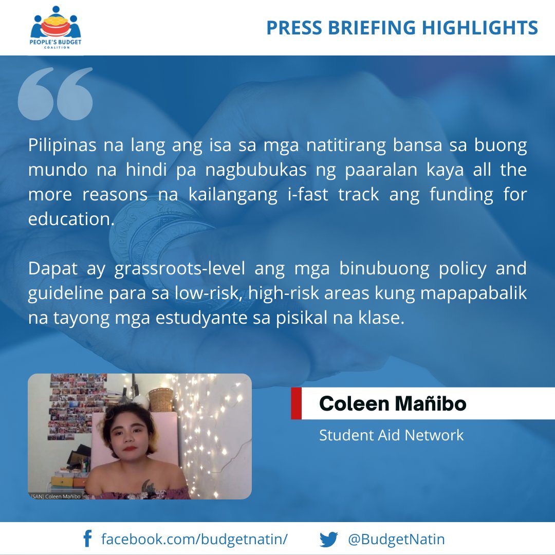 BudgetNatin's tweet photo. [Press Briefing Highlights]

Last Nov. 9, @BudgetNatin held the virtual press briefing via FB Live.

PAKINGGAN ang pahayag ng sektor ng mga mag-aaral ukol sa 2022 national budget mula kay 𝗖𝗼𝗹𝗲𝗲𝗻 𝗠𝗮𝗻̃𝗶𝗯𝗼 ng @StudentAidNow 

#PBCBudgetNatin https://t.co/Q8QO83OlJM
