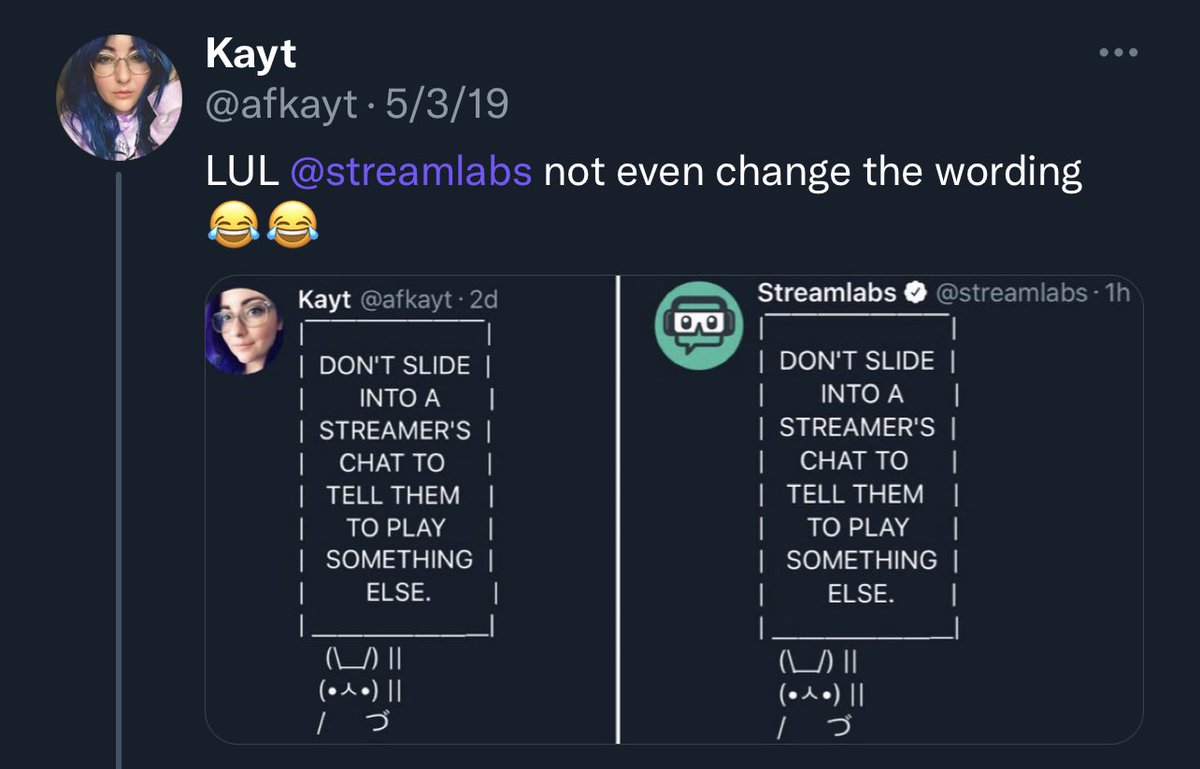 afkayt's tweet photo. streamlabs been copying everyone’s homework 👏 from 👏 the 👏 start https://t.co/gmcaiLF1OO